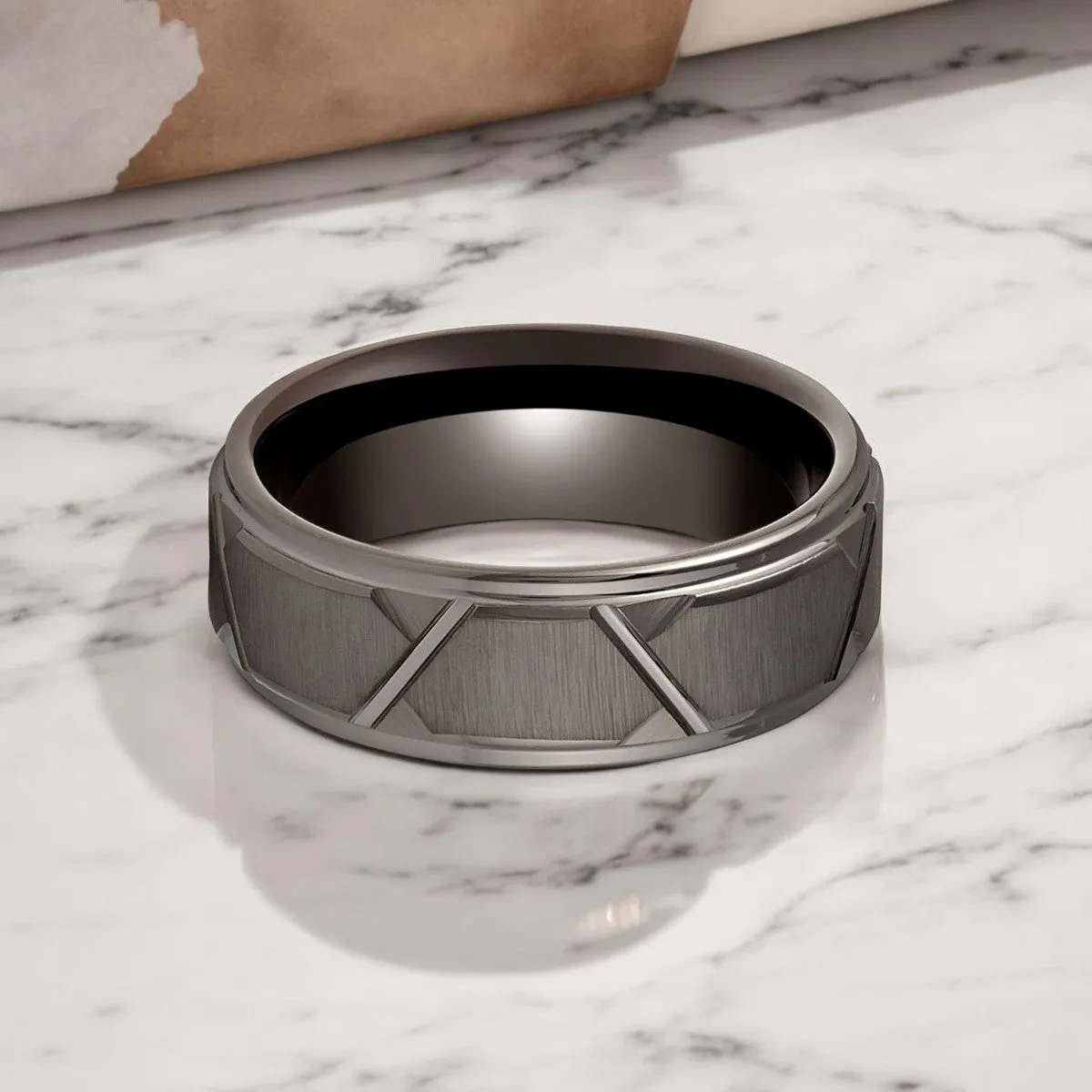 GRAPHIZOID | Gun Metal Tungsten Ring, Trapezoids Design, Stepped Edge
