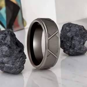 GRAPHIZOID | Gun Metal Tungsten Ring, Trapezoids Design, Stepped Edge