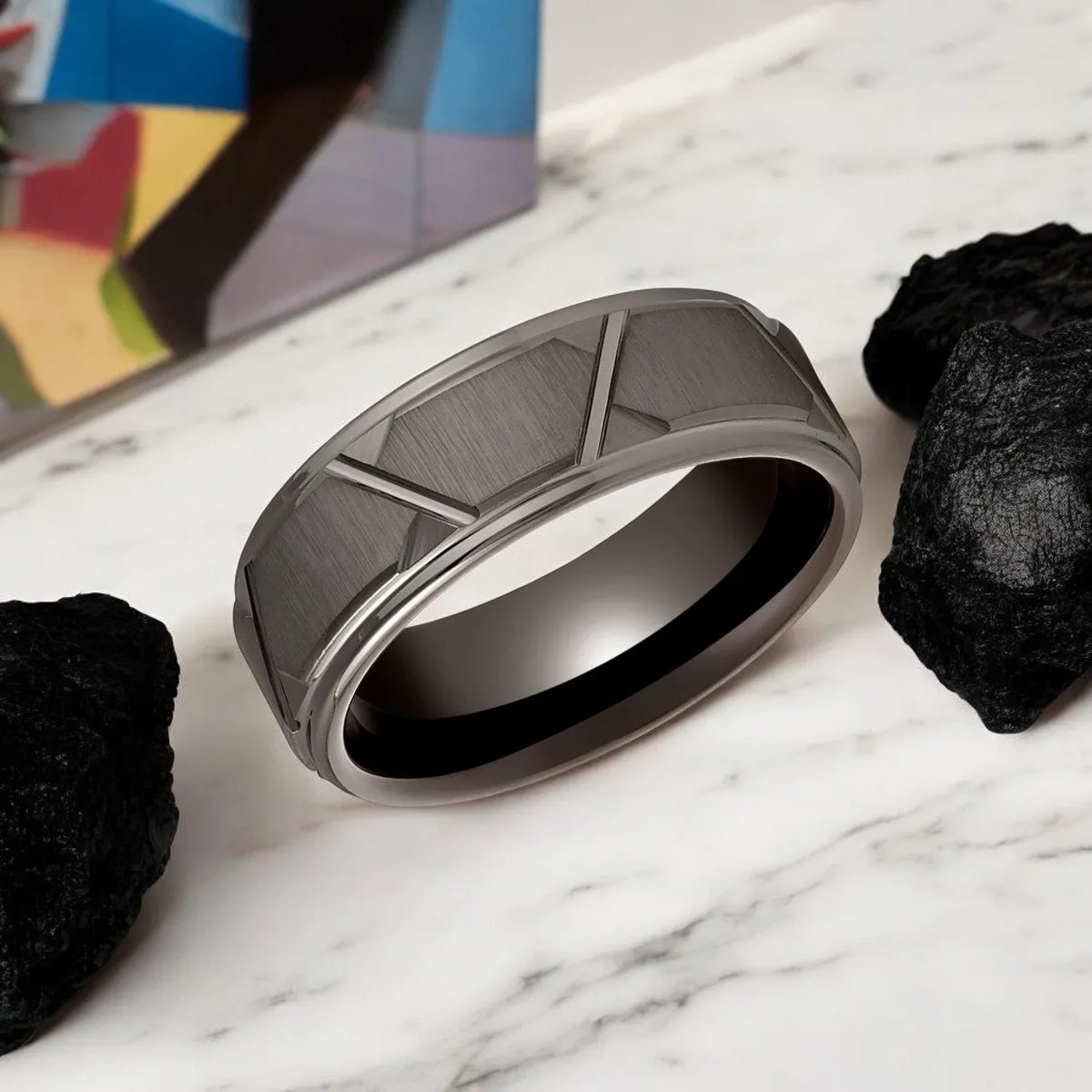 GRAPHIZOID | Gun Metal Tungsten Ring, Trapezoids Design, Stepped Edge