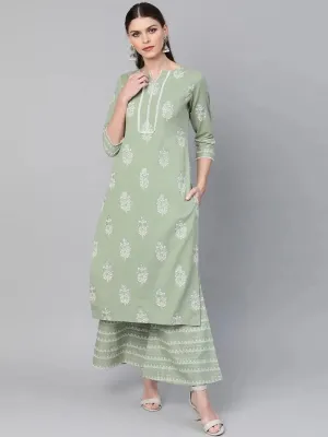 Green Printed Cotton Straight Kurta With Palazzos
