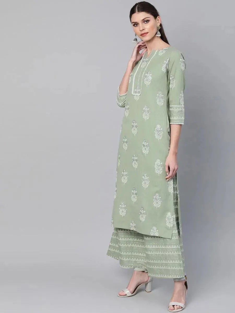 Green Printed Cotton Straight Kurta With Palazzos
