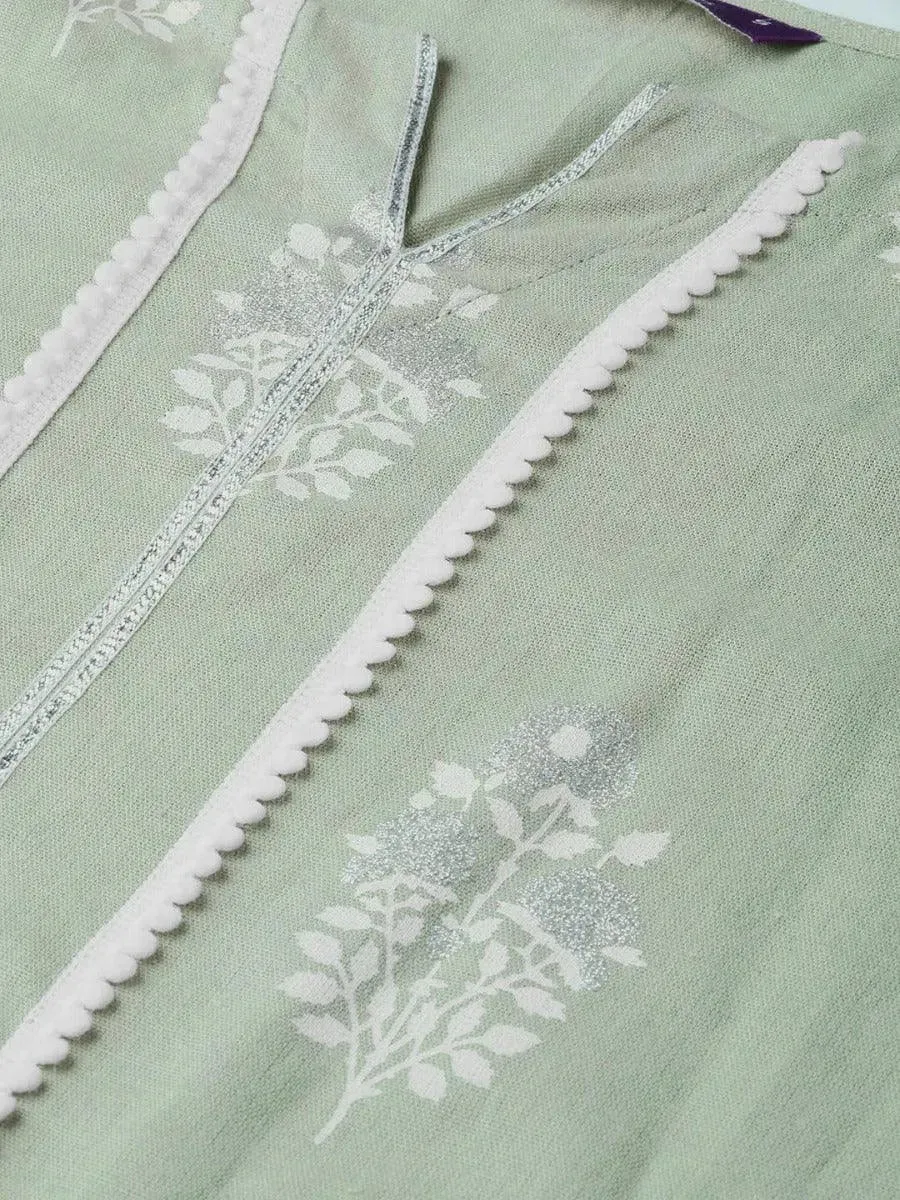 Green Printed Cotton Straight Kurta With Palazzos