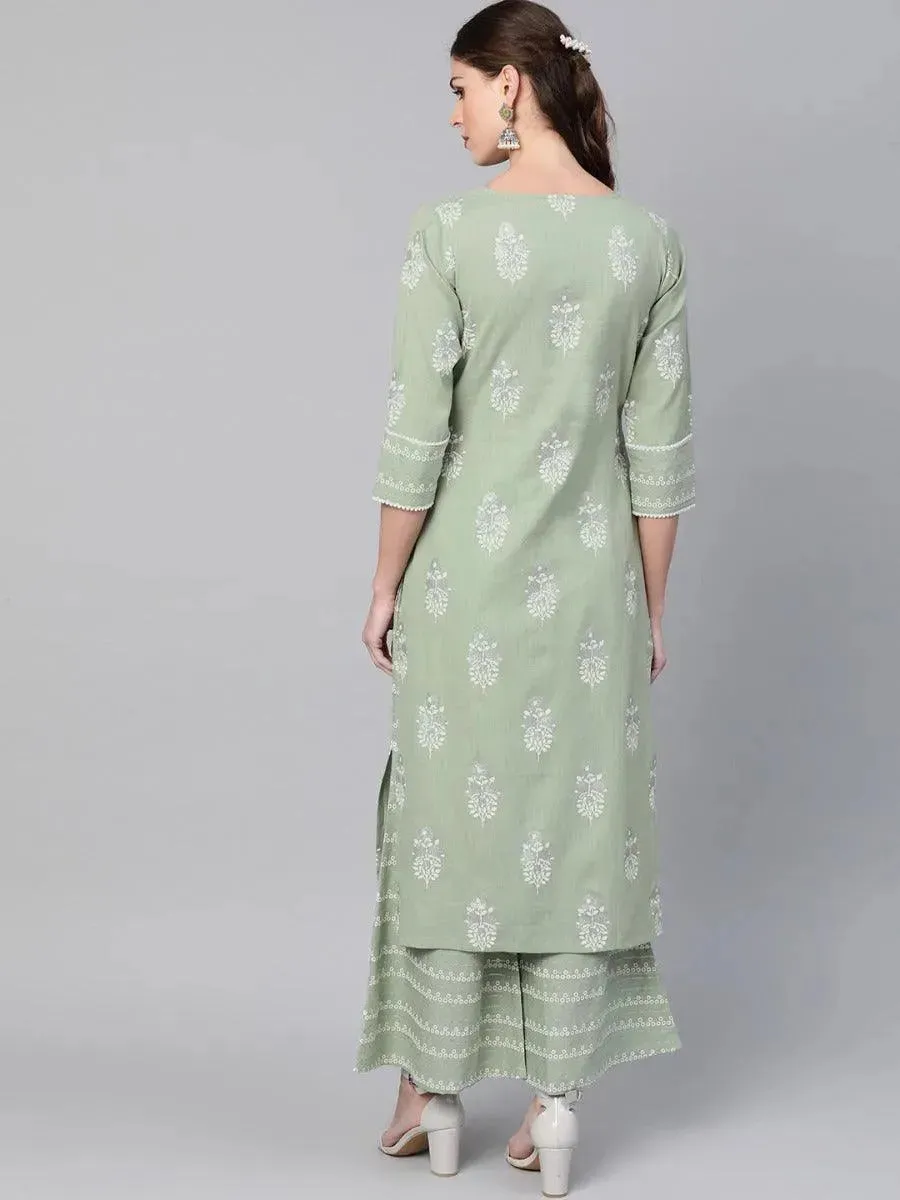 Green Printed Cotton Straight Kurta With Palazzos