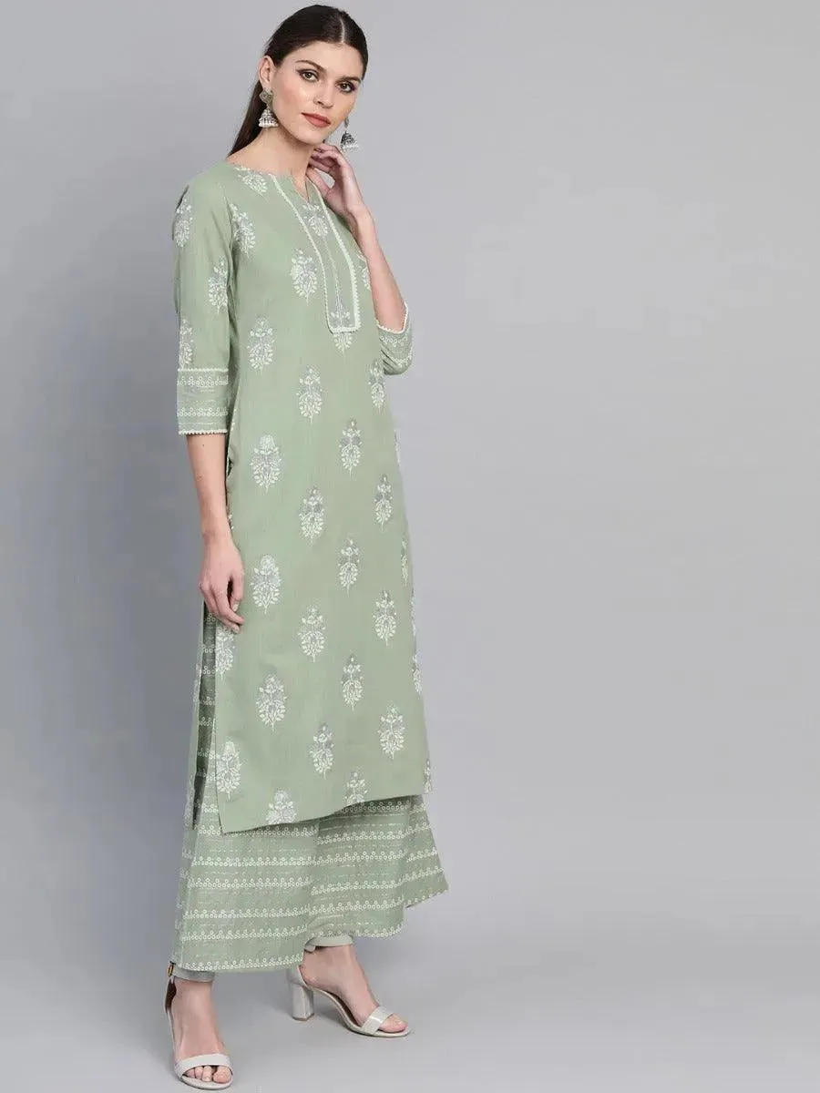 Green Printed Cotton Straight Kurta With Palazzos