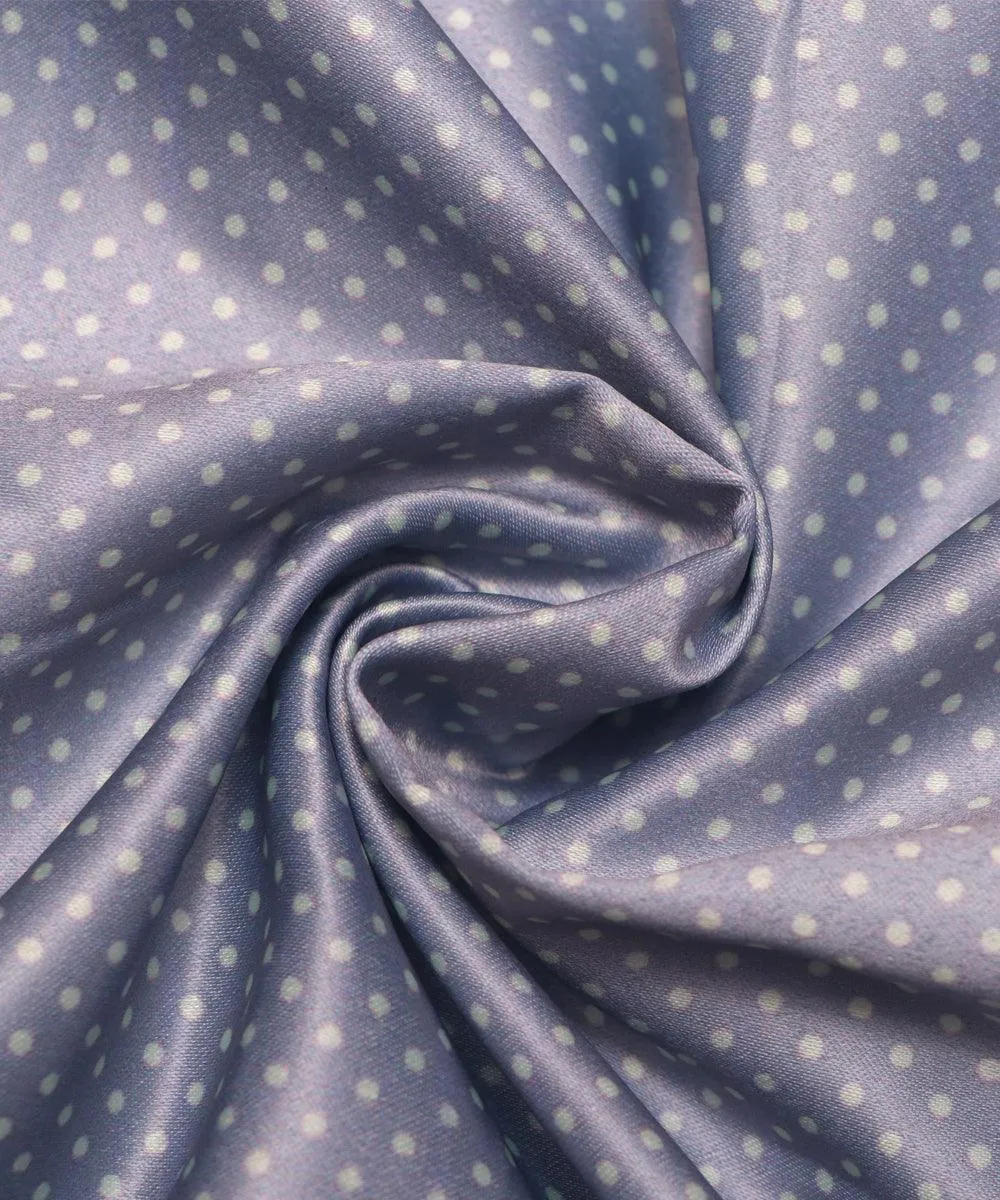 Grey Colour Polka Design Satin Moss Fabric