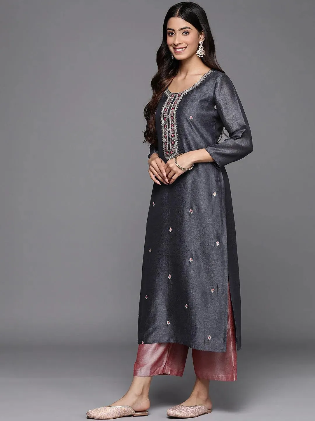 Grey Embroidery Silk Straight Kurta