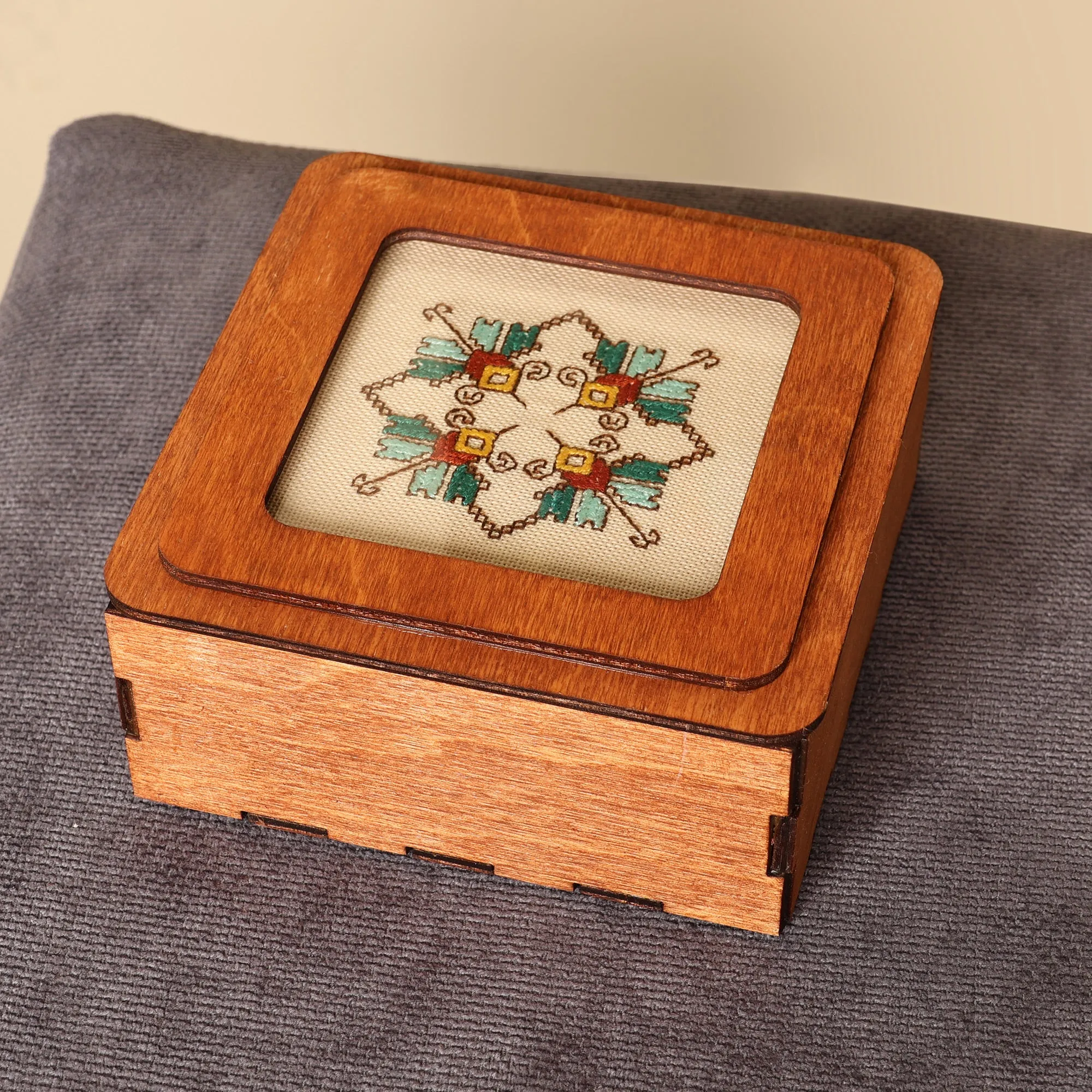 Handmade Wood Jewelry Box Topped by Cotton Embroidered Motif - Charming Lotus | NOVICA