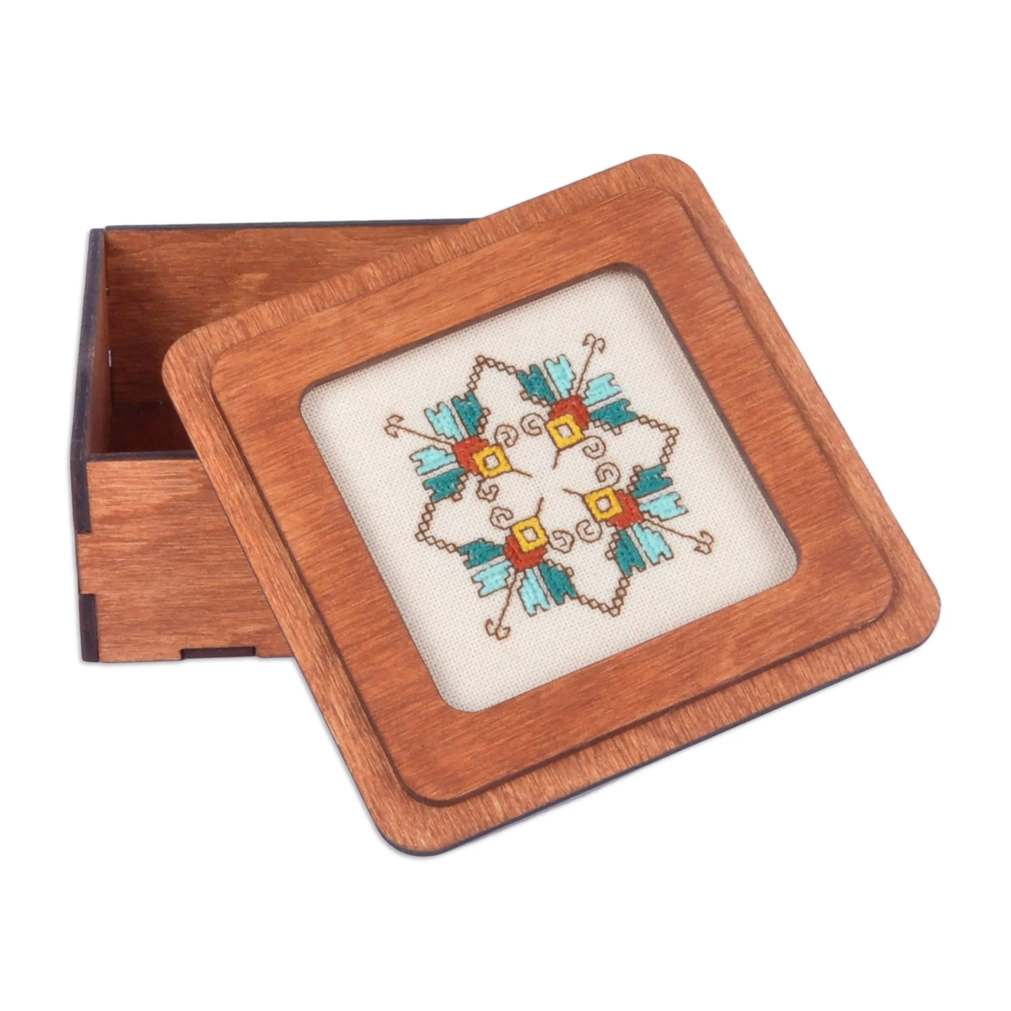 Handmade Wood Jewelry Box Topped by Cotton Embroidered Motif - Charming Lotus | NOVICA