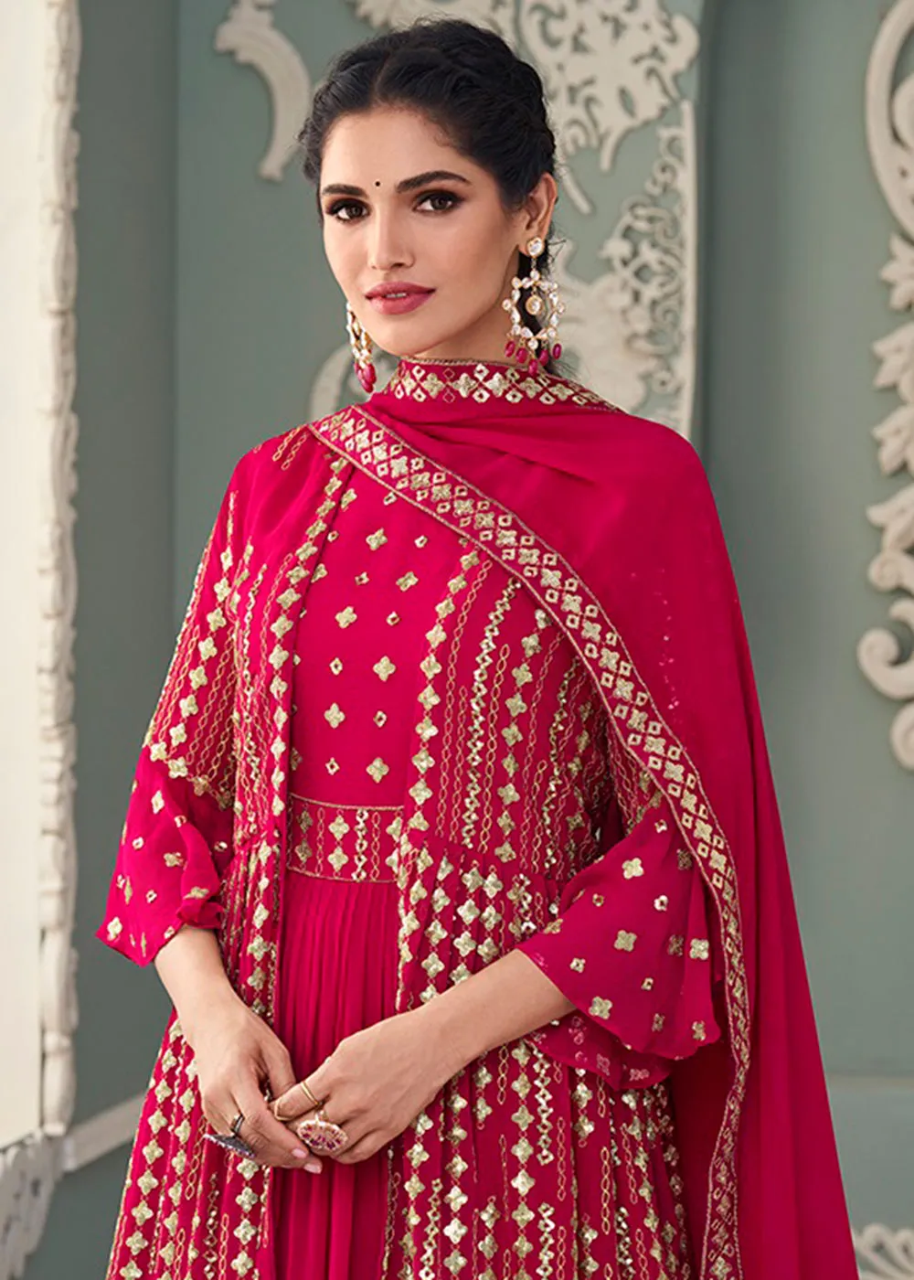 Jacket Style Hot Pink Embroidered Wedding Anarkali