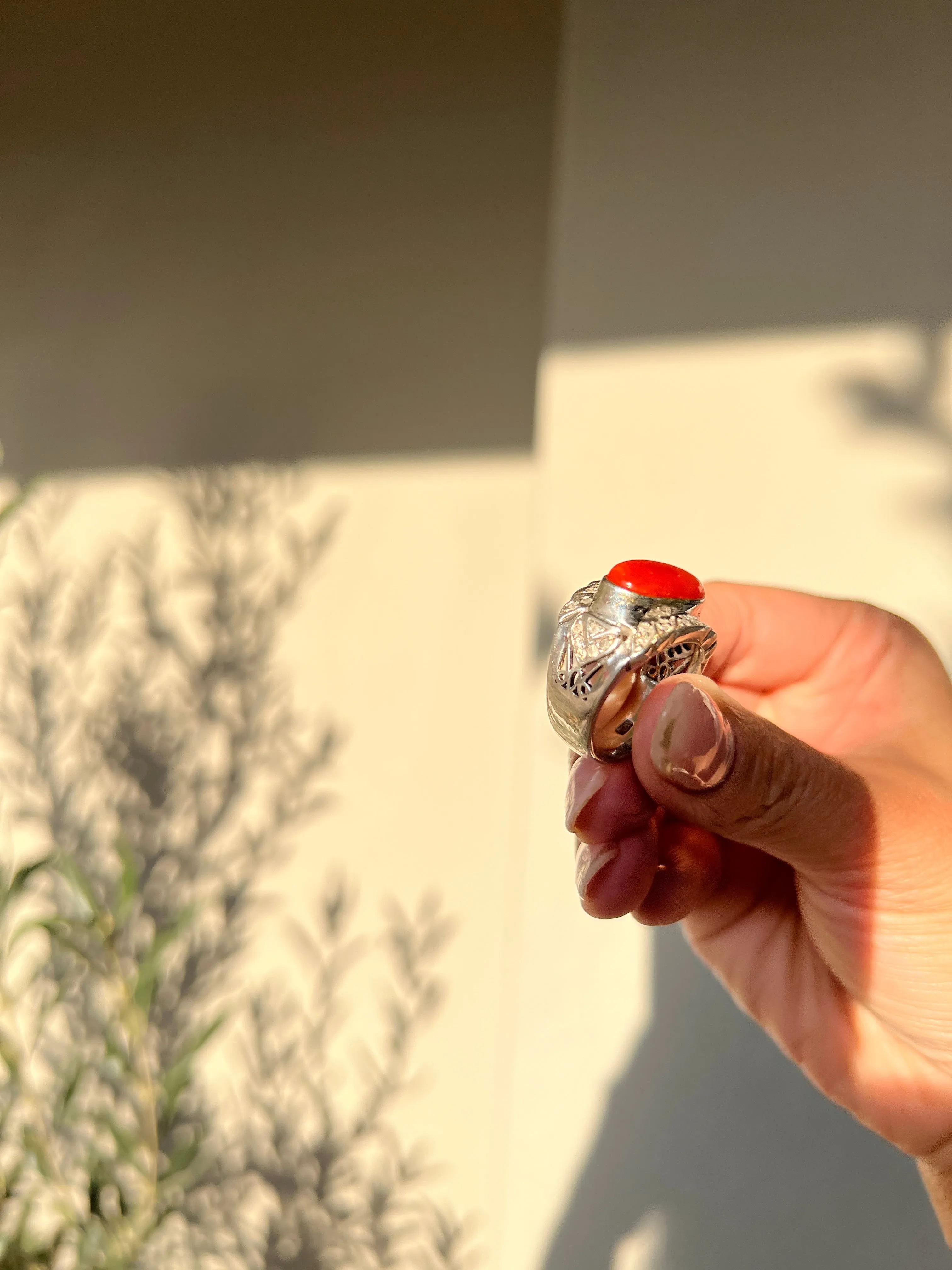 Japanese Red Coral (OX Blood Coral) and Diamond Ring in 18K White Gold