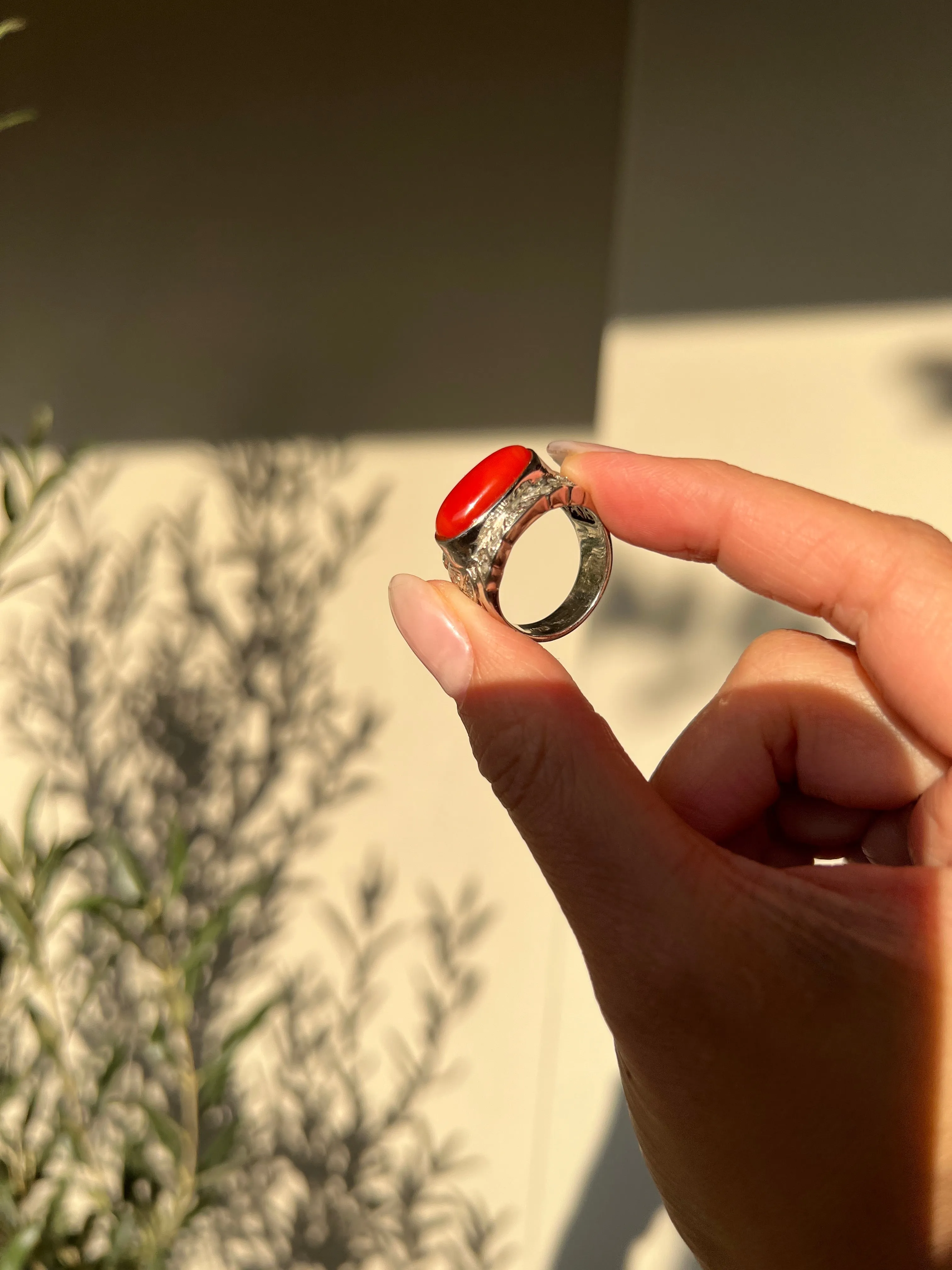 Japanese Red Coral (OX Blood Coral) and Diamond Ring in 18K White Gold