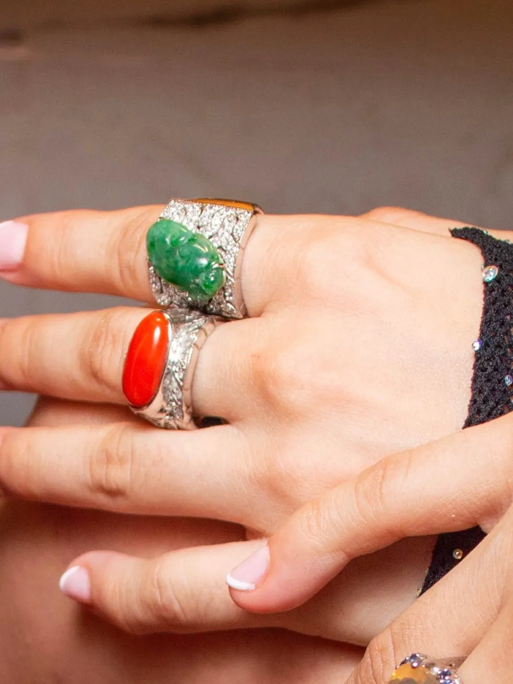 Japanese Red Coral (OX Blood Coral) and Diamond Ring in 18K White Gold