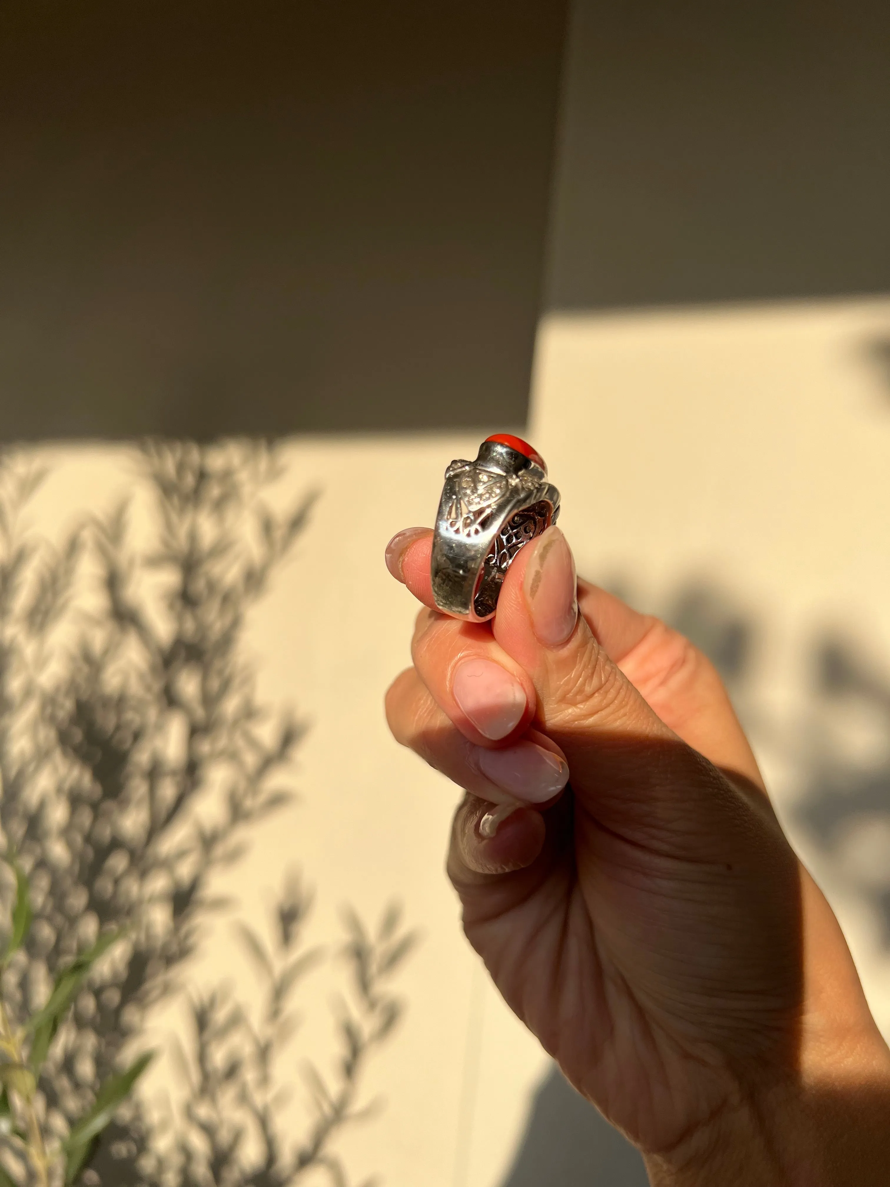 Japanese Red Coral (OX Blood Coral) and Diamond Ring in 18K White Gold