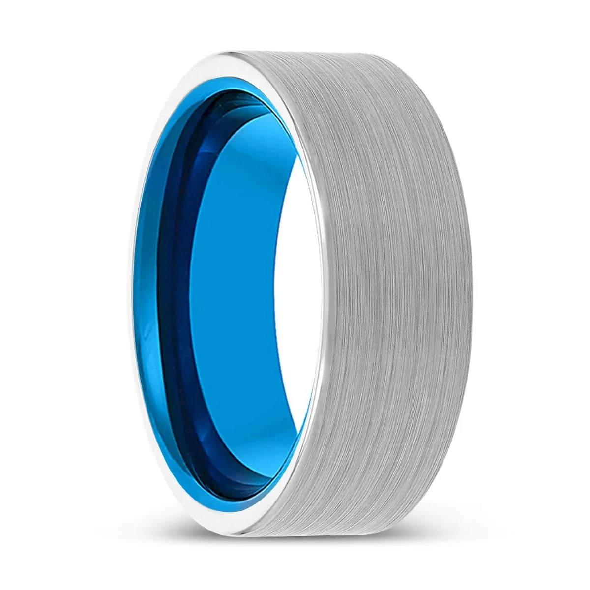 KADEN | Blue Tungsten Ring, White Tungsten Ring, Brushed, Flat