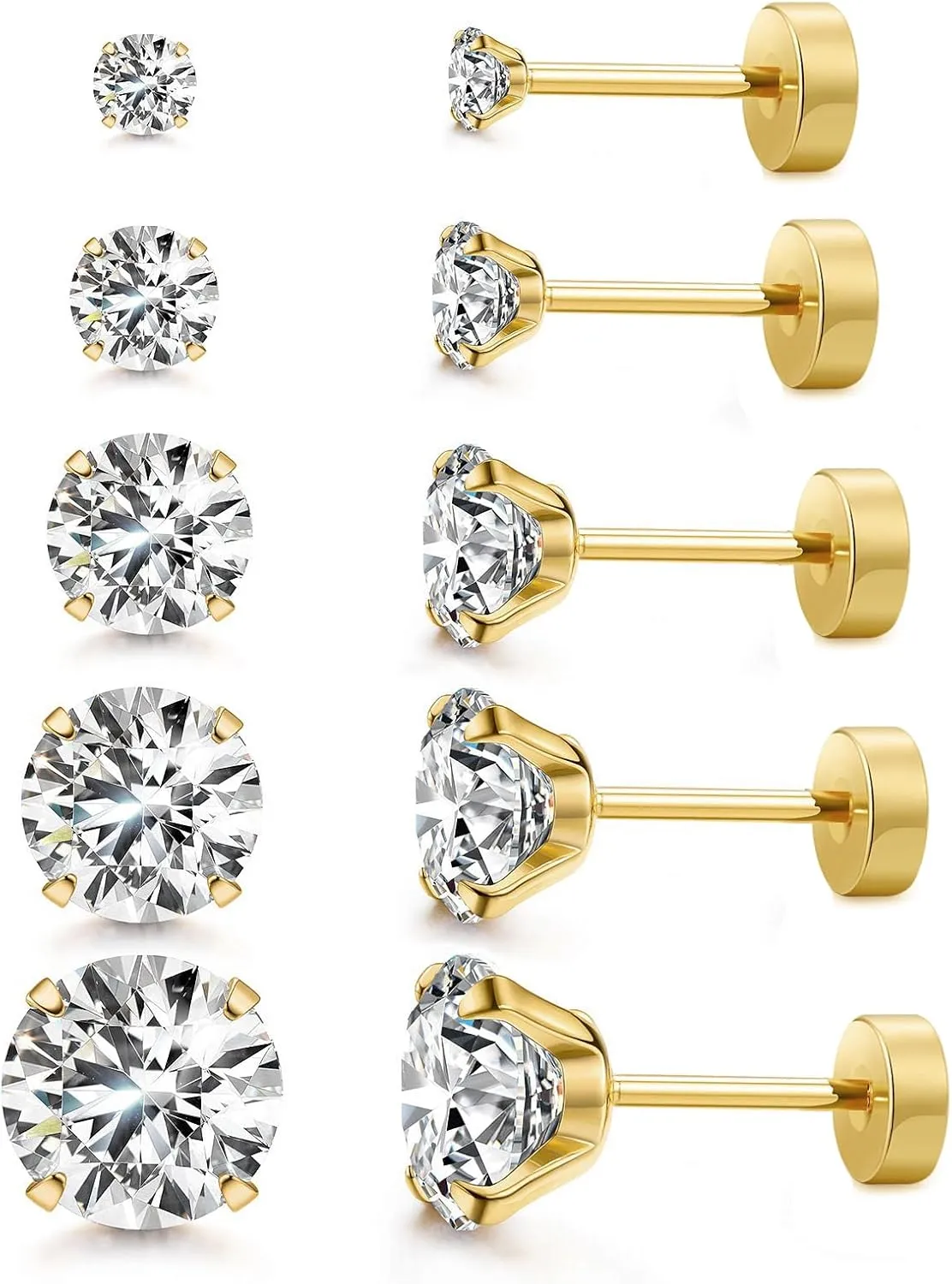 Kainier 5 Pairs CZ Stud Earrings Set 316L Stainless Steel Earrings Cubic Zirconia Ear Stud for Women Simulated Diamond Hypoallergenic 3-7mm