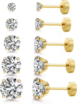 Kainier 5 Pairs CZ Stud Earrings Set 316L Stainless Steel Earrings Cubic Zirconia Ear Stud for Women Simulated Diamond Hypoallergenic 3-7mm