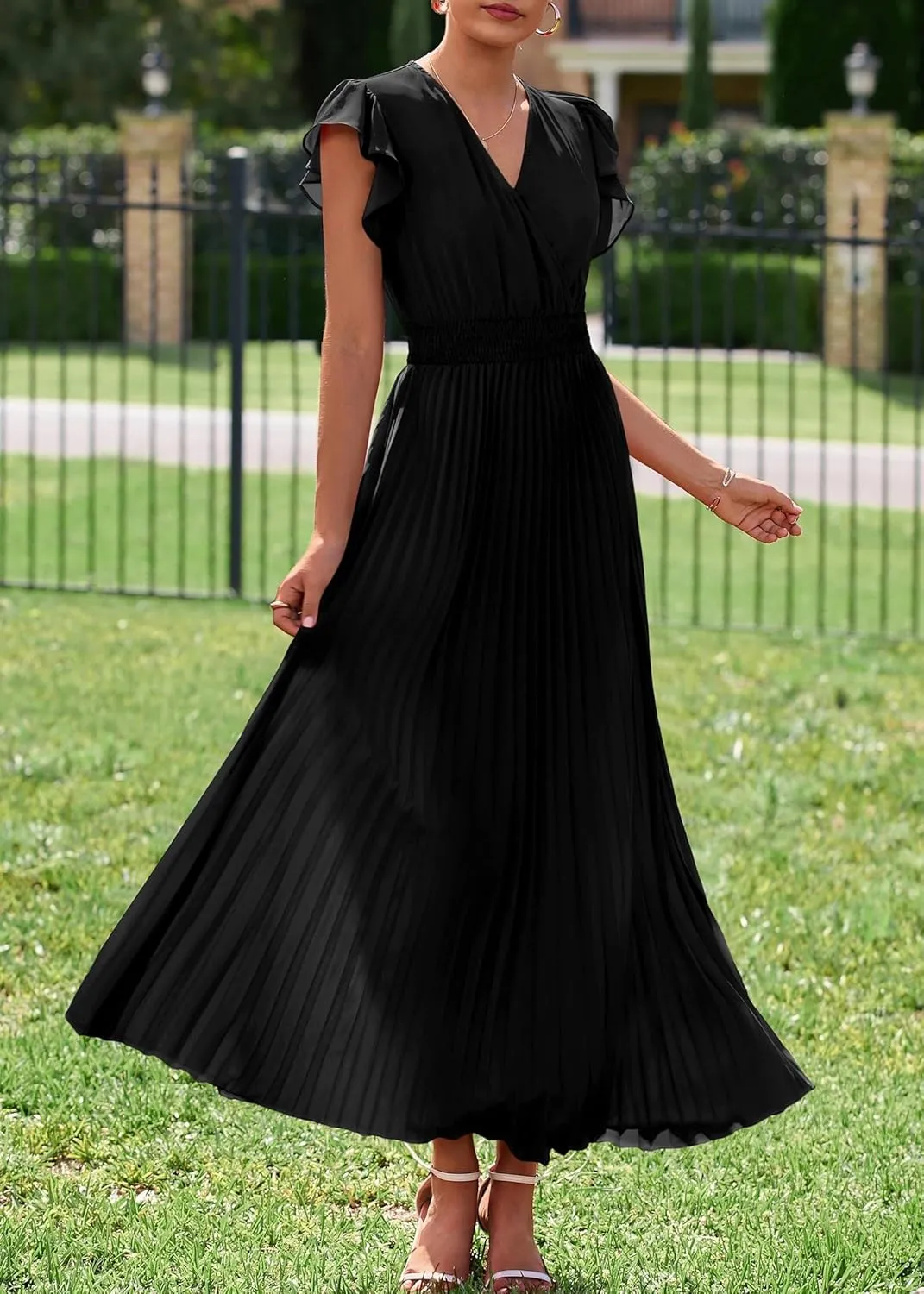 KIRUNDO Women's Summer Maxi Dresses Elegant V Neck Ruffle Flutter Sleeves Empire Waist Pleated Flowy Wedding Guest Dress