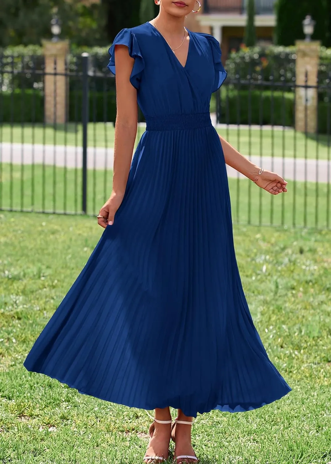 KIRUNDO Women's Summer Maxi Dresses Elegant V Neck Ruffle Flutter Sleeves Empire Waist Pleated Flowy Wedding Guest Dress