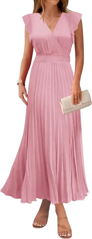 KIRUNDO Women's Summer Maxi Dresses Elegant V Neck Ruffle Flutter Sleeves Empire Waist Pleated Flowy Wedding Guest Dress