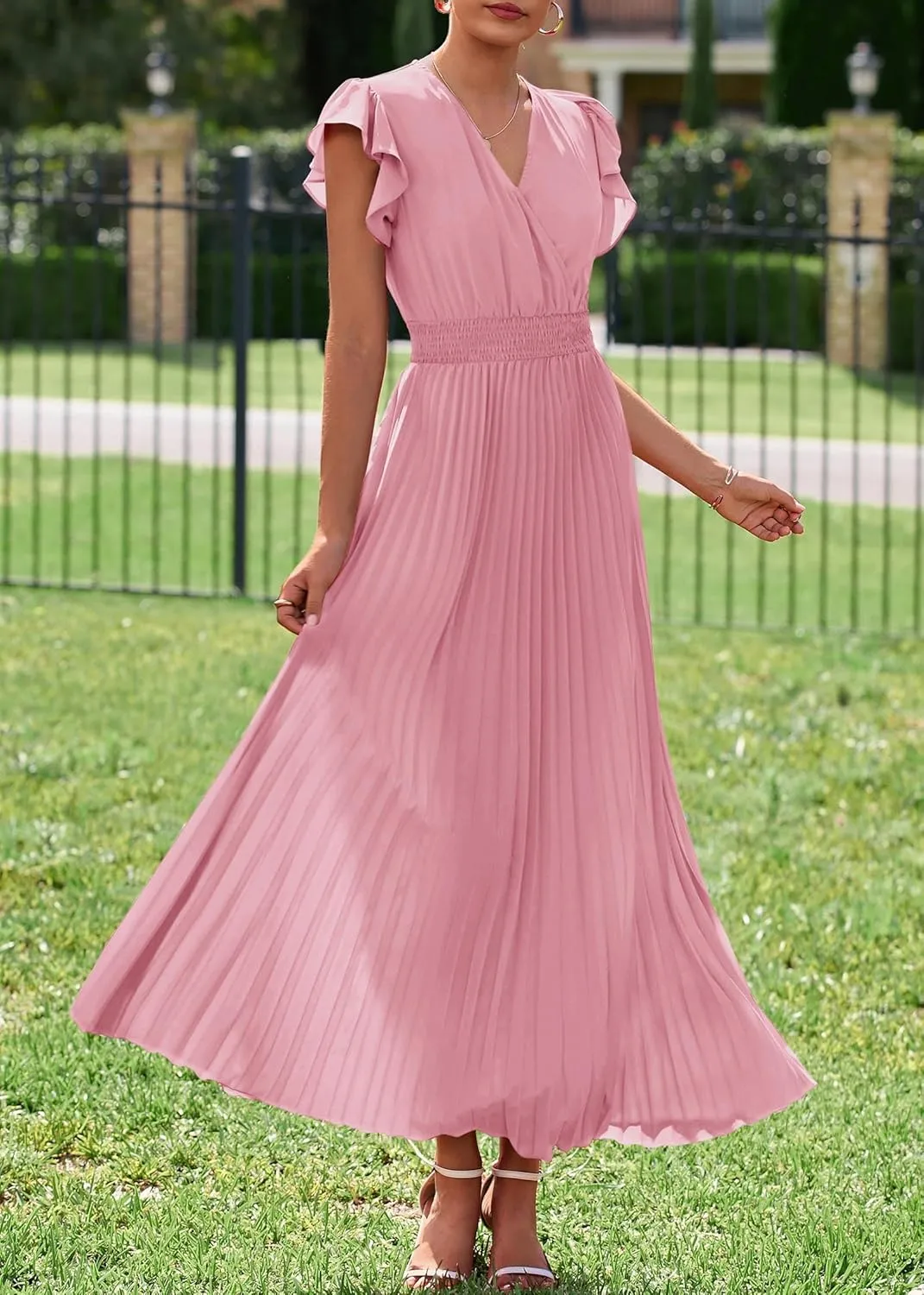 KIRUNDO Women's Summer Maxi Dresses Elegant V Neck Ruffle Flutter Sleeves Empire Waist Pleated Flowy Wedding Guest Dress