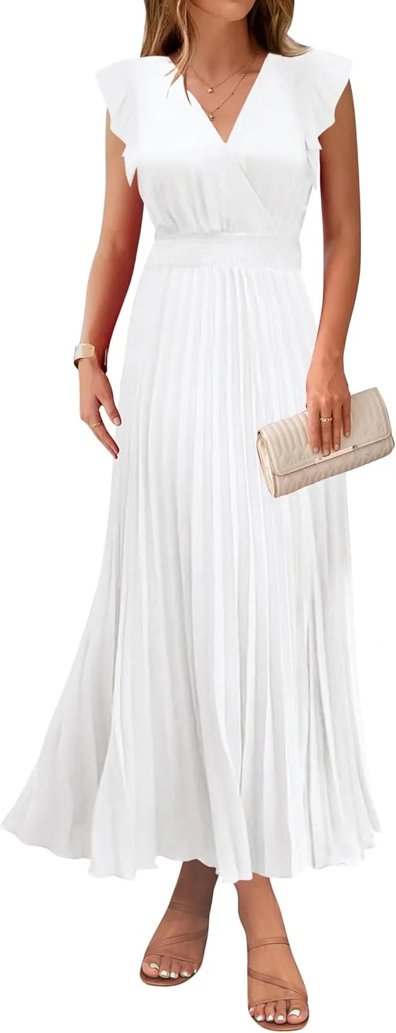 KIRUNDO Women's Summer Maxi Dresses Elegant V Neck Ruffle Flutter Sleeves Empire Waist Pleated Flowy Wedding Guest Dress