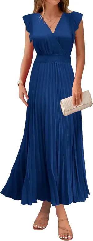 KIRUNDO Women's Summer Maxi Dresses Elegant V Neck Ruffle Flutter Sleeves Empire Waist Pleated Flowy Wedding Guest Dress