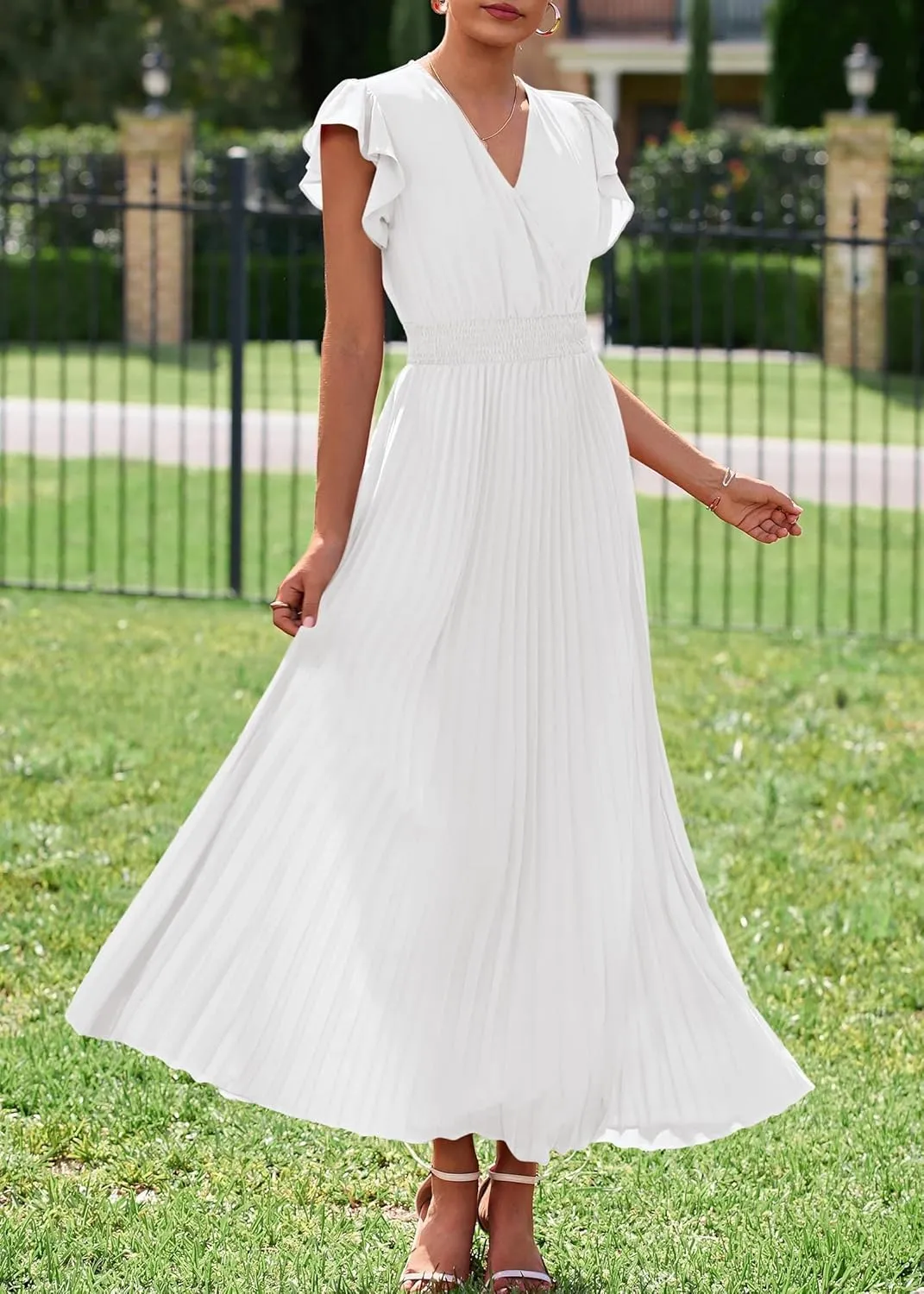 KIRUNDO Women's Summer Maxi Dresses Elegant V Neck Ruffle Flutter Sleeves Empire Waist Pleated Flowy Wedding Guest Dress