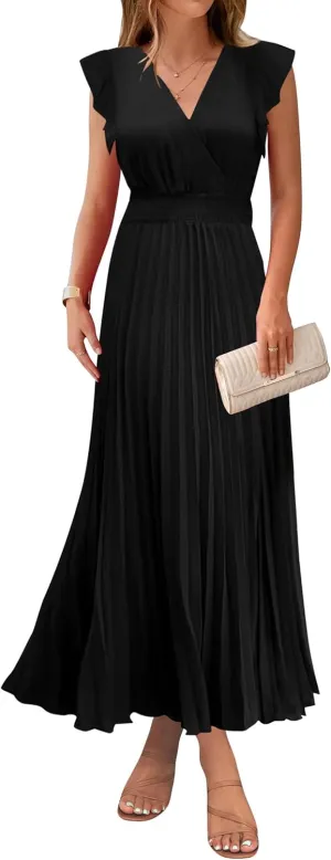 KIRUNDO Women's Summer Maxi Dresses Elegant V Neck Ruffle Flutter Sleeves Empire Waist Pleated Flowy Wedding Guest Dress