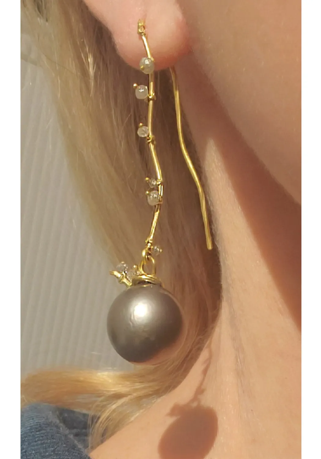 Lene Vibe 18KYG Squiggle Diamond & Tahitian Dangle Earrings