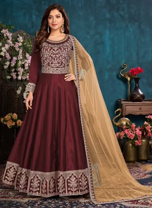 Maroon Wedding Art Silk Embroidered Anarkali Suit
