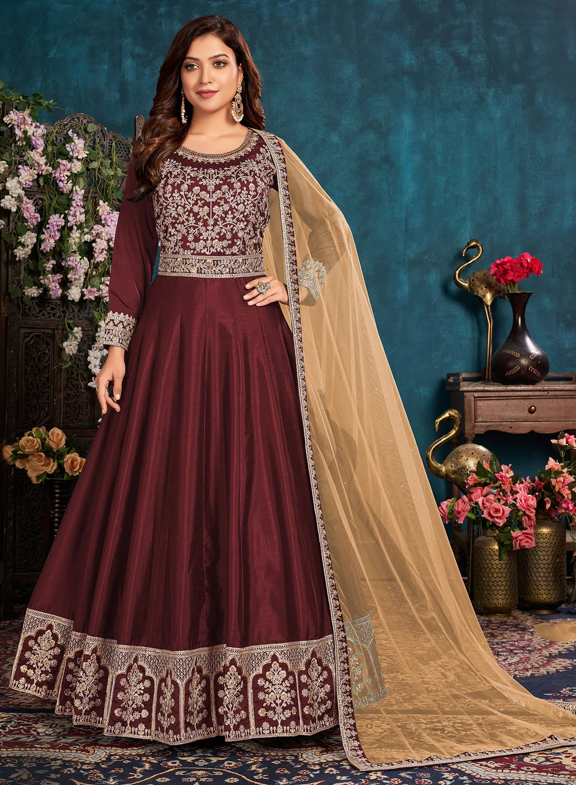 Maroon Wedding Art Silk Embroidered Anarkali Suit