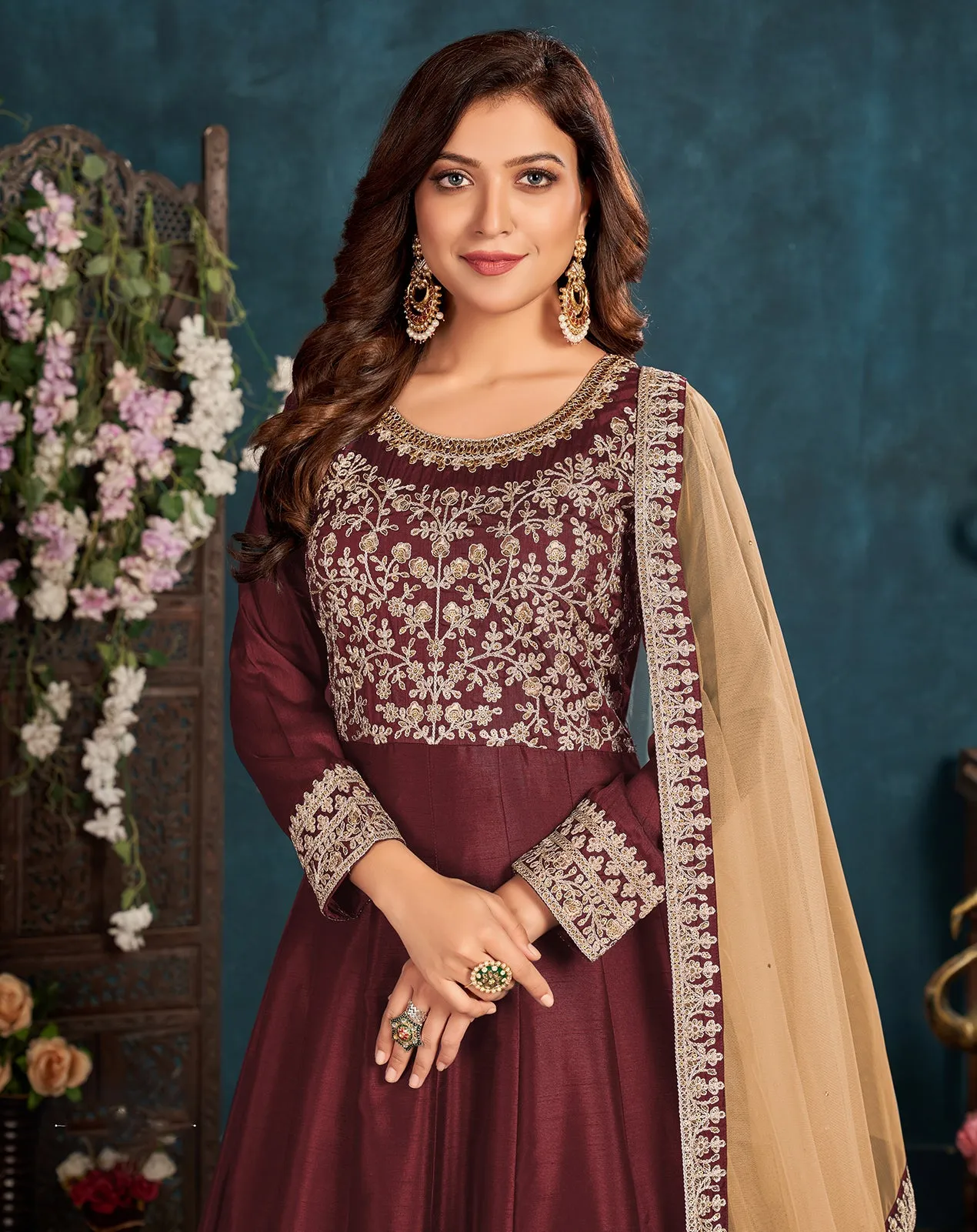 Maroon Wedding Art Silk Embroidered Anarkali Suit