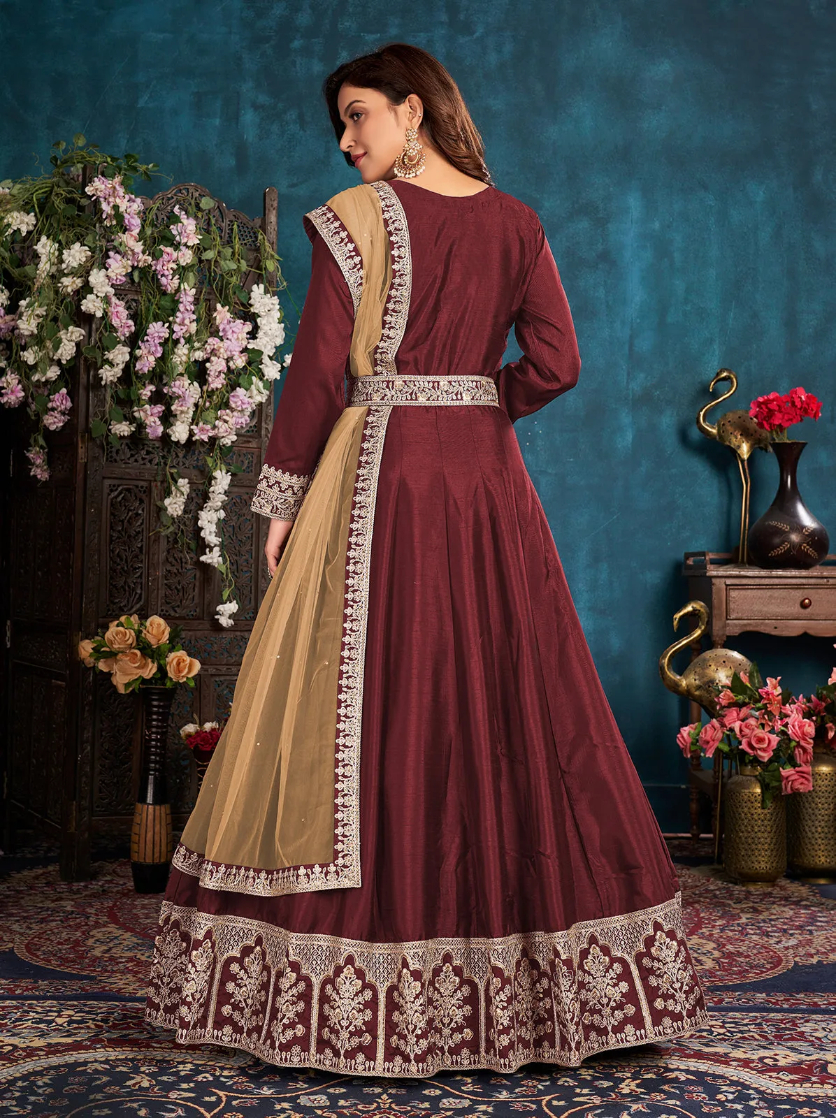 Maroon Wedding Art Silk Embroidered Anarkali Suit