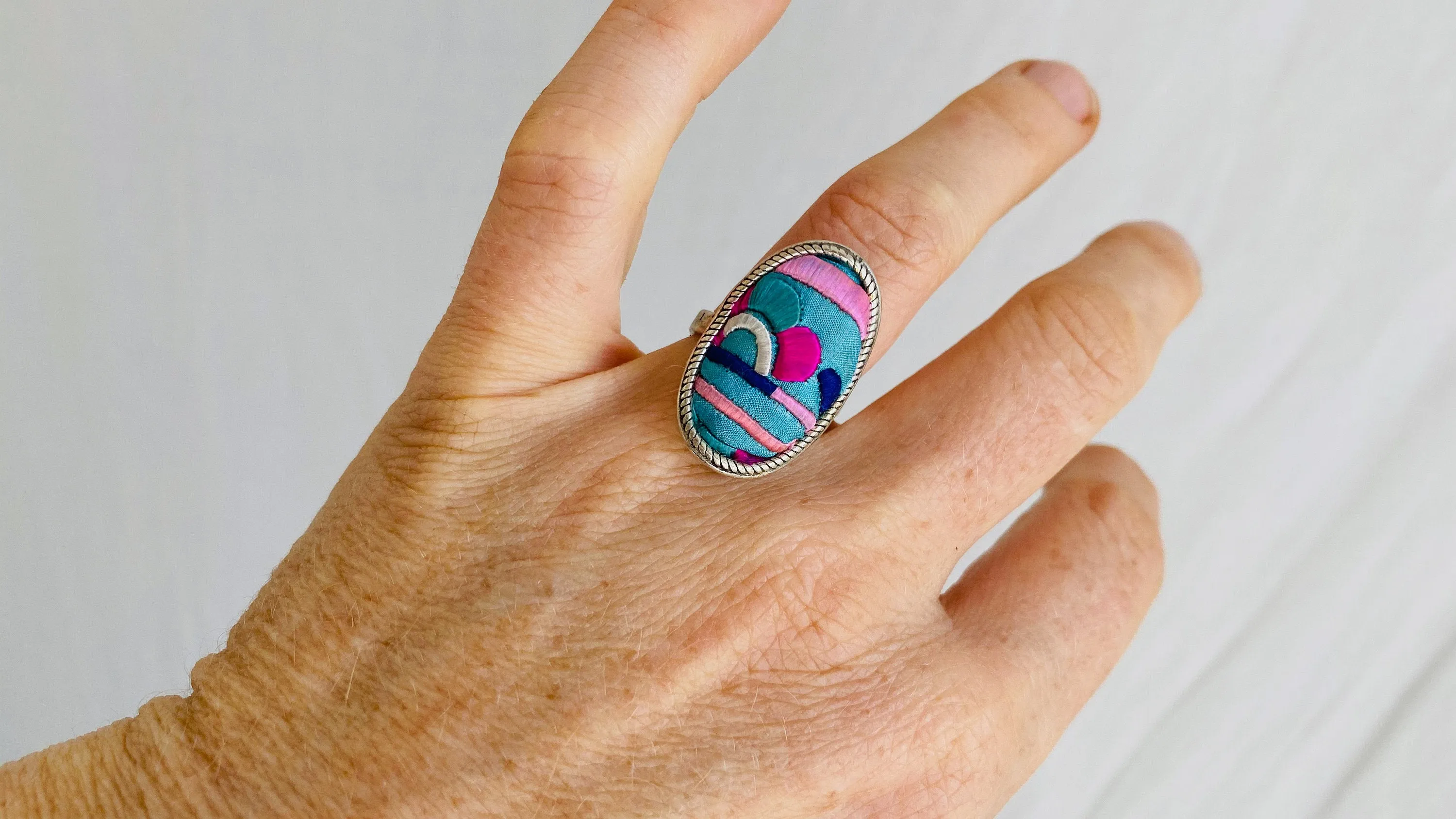 Miao Silk Embroidered Ring. Adjustable