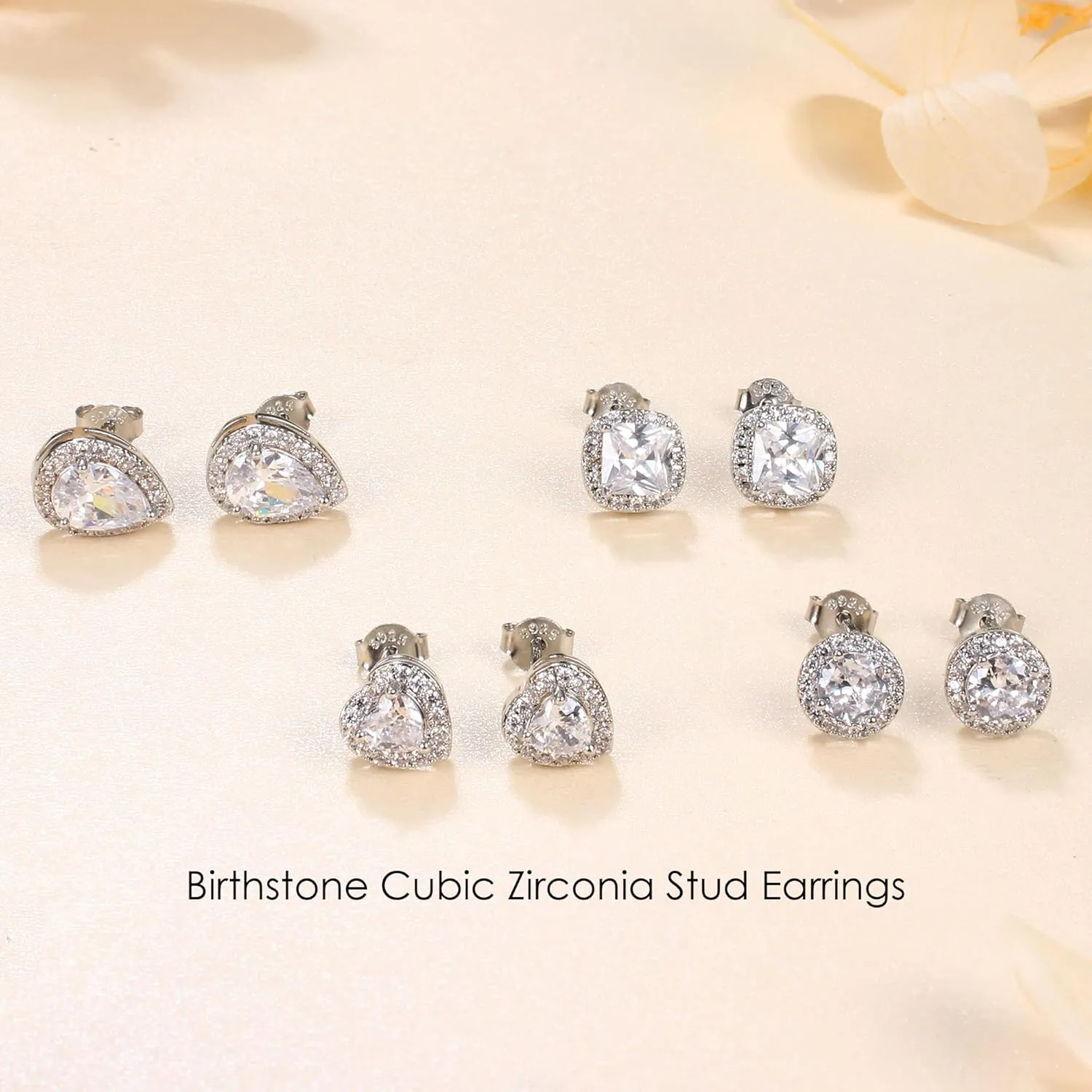MILACOLATO Sterling Silver Cubic Zirconia Stud Earrings for Women Men | 18K White Gold Plated Hypoallergenic Long Post Birthstone Studs | Square Heart Round Teardrop Cut Simulated Diamond Halo Stud Jewelry