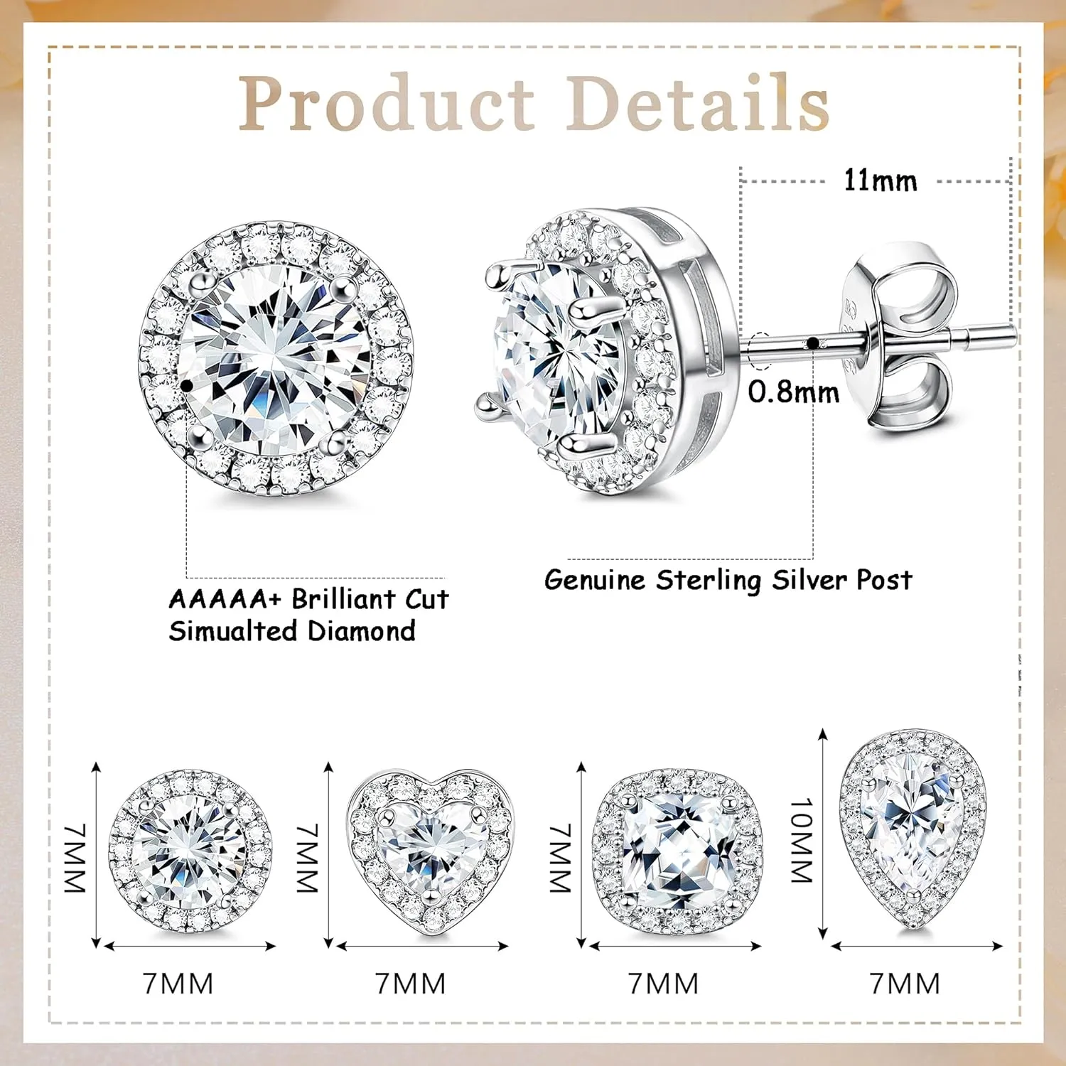 MILACOLATO Sterling Silver Cubic Zirconia Stud Earrings for Women Men | 18K White Gold Plated Hypoallergenic Long Post Birthstone Studs | Square Heart Round Teardrop Cut Simulated Diamond Halo Stud Jewelry