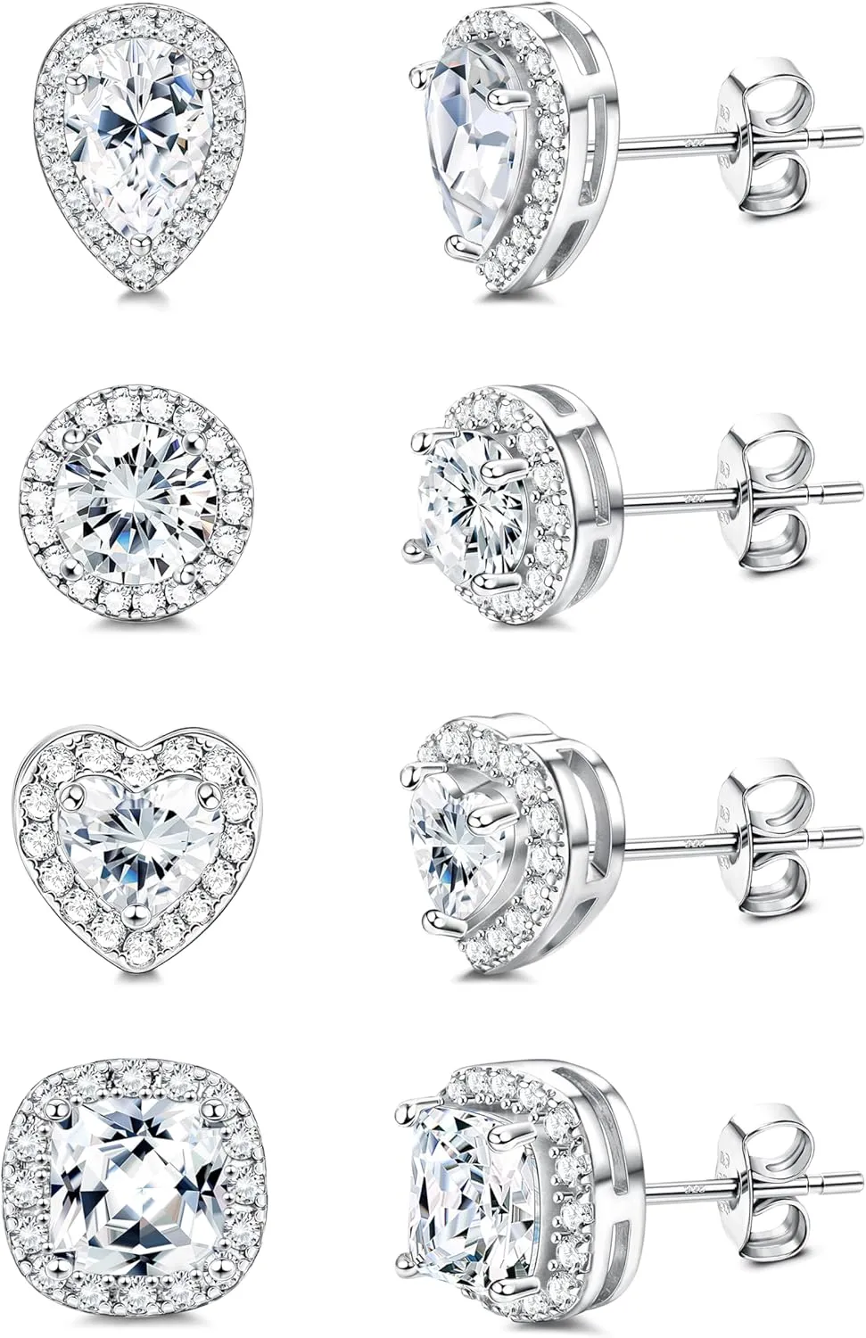 MILACOLATO Sterling Silver Cubic Zirconia Stud Earrings for Women Men | 18K White Gold Plated Hypoallergenic Long Post Birthstone Studs | Square Heart Round Teardrop Cut Simulated Diamond Halo Stud Jewelry