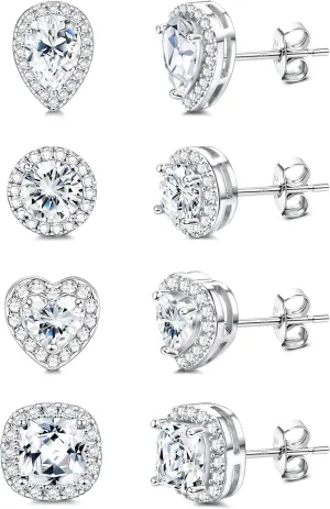 MILACOLATO Sterling Silver Cubic Zirconia Stud Earrings for Women Men | 18K White Gold Plated Hypoallergenic Long Post Birthstone Studs | Square Heart Round Teardrop Cut Simulated Diamond Halo Stud Jewelry