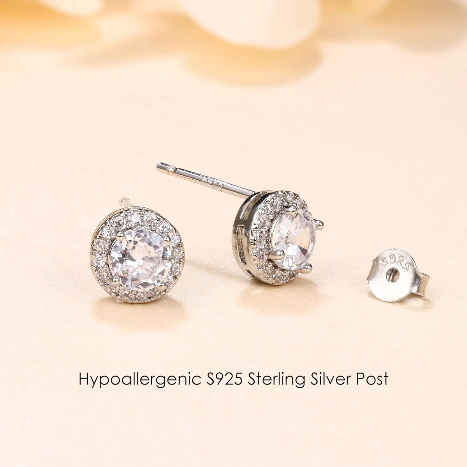 MILACOLATO Sterling Silver Cubic Zirconia Stud Earrings for Women Men | 18K White Gold Plated Hypoallergenic Long Post Birthstone Studs | Square Heart Round Teardrop Cut Simulated Diamond Halo Stud Jewelry