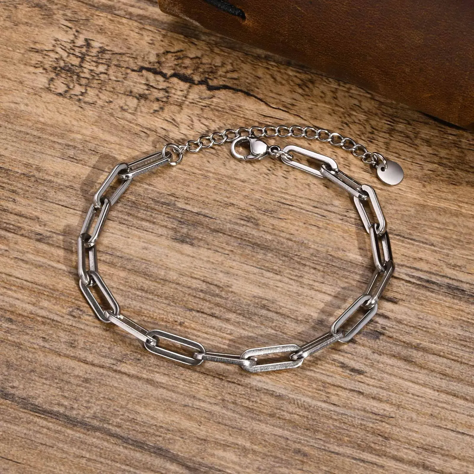 Minimalist 5mm Wide Rectangle Paperclip Chain Bracelets for Men,Waterproof Stainless Steel Links Wristband,Length Adjustable