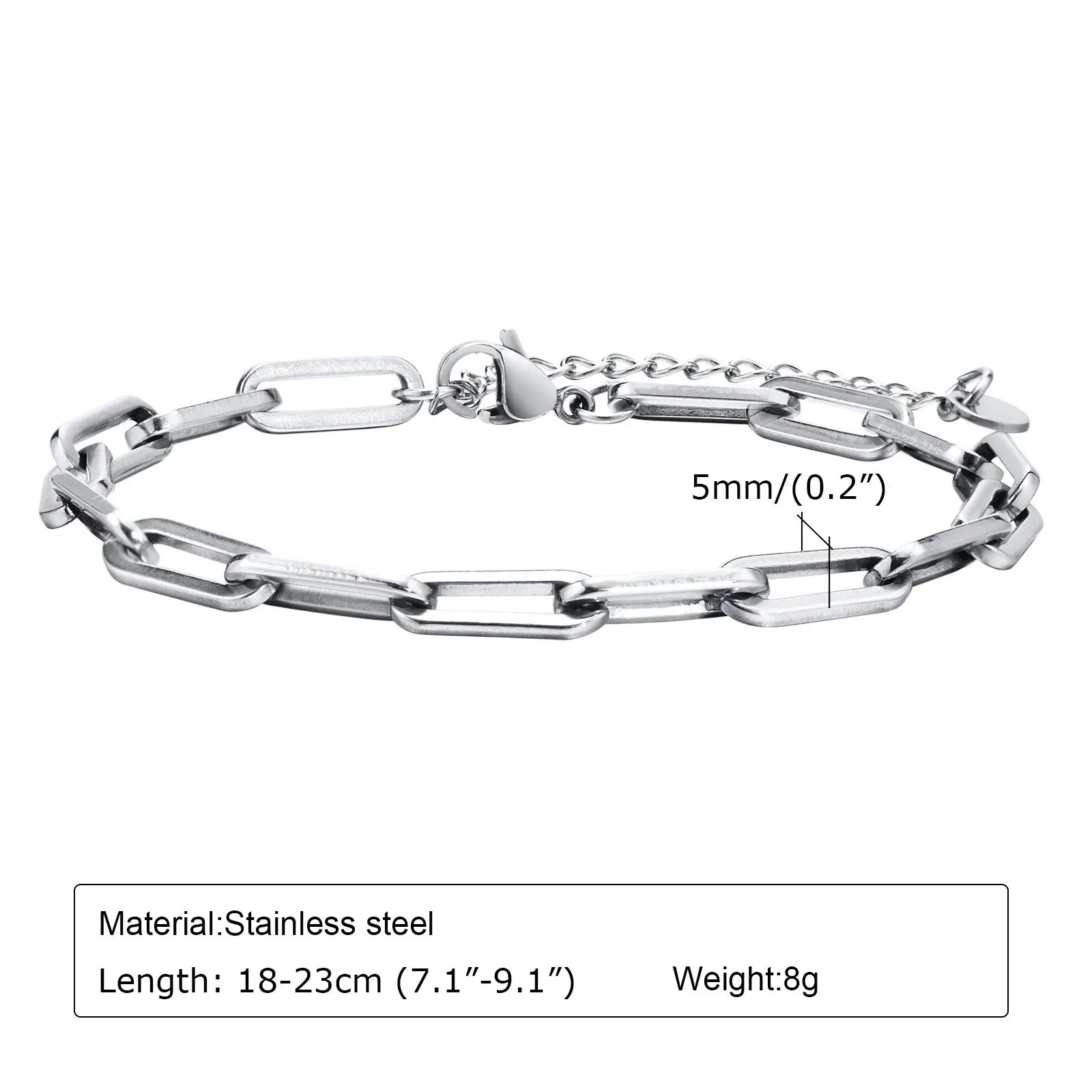 Minimalist 5mm Wide Rectangle Paperclip Chain Bracelets for Men,Waterproof Stainless Steel Links Wristband,Length Adjustable
