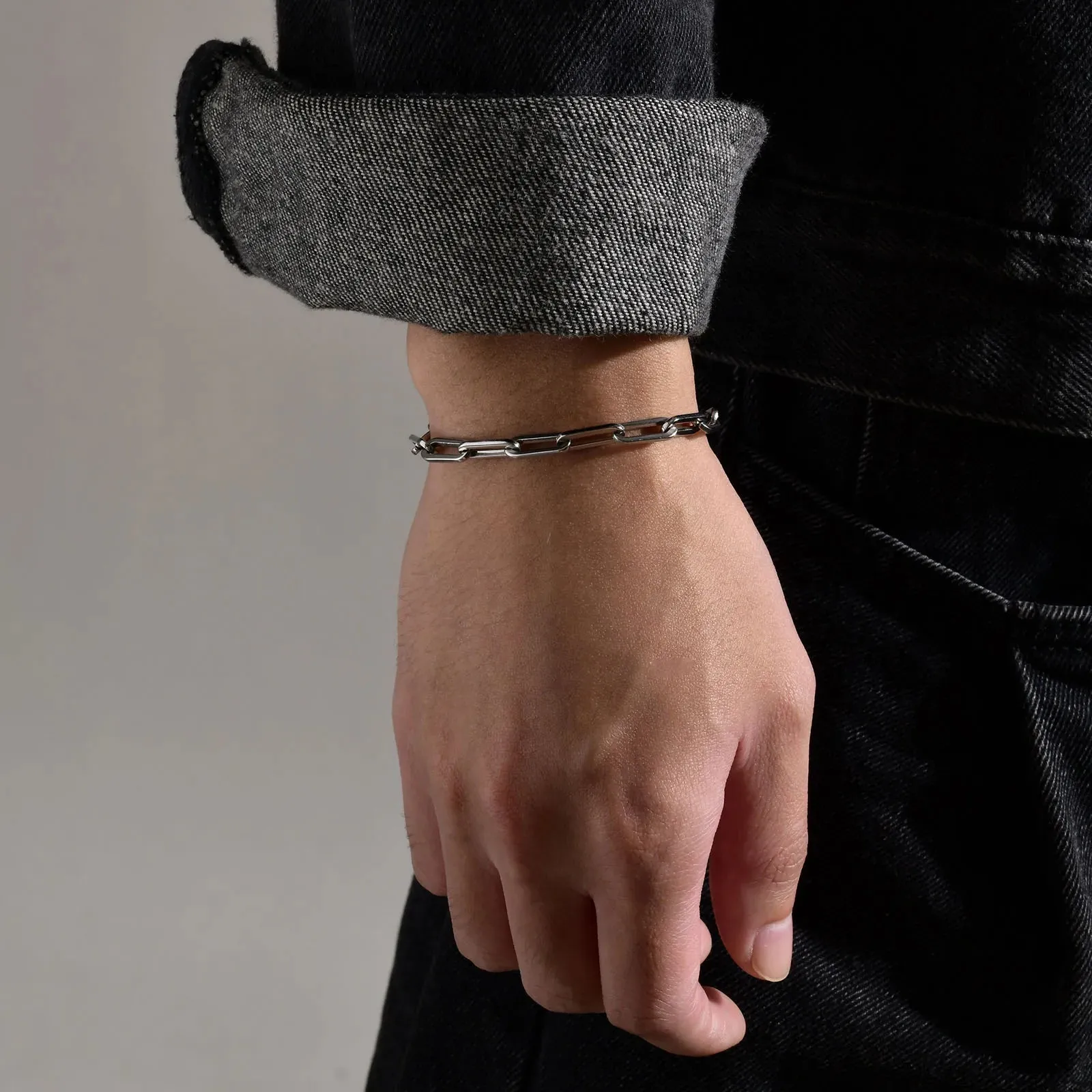 Minimalist 5mm Wide Rectangle Paperclip Chain Bracelets for Men,Waterproof Stainless Steel Links Wristband,Length Adjustable