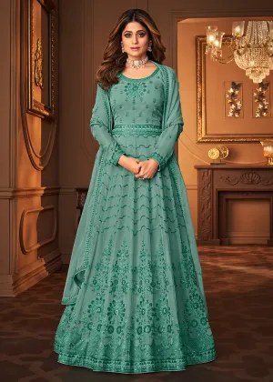 Mint Blue Indian Embroidered Shamita Shetty Anarkali Suit