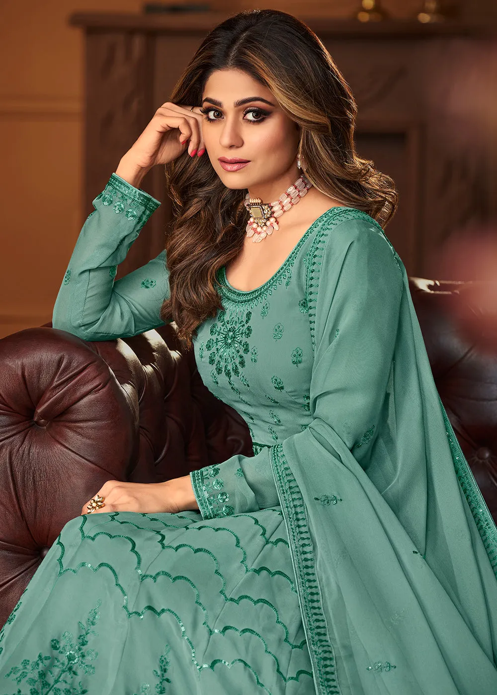 Mint Blue Indian Embroidered Shamita Shetty Anarkali Suit