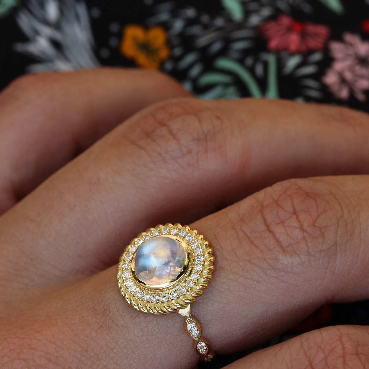 Moonstone & Diamonds Halo Unique Ring Cocktail Ring "Storm" ♥