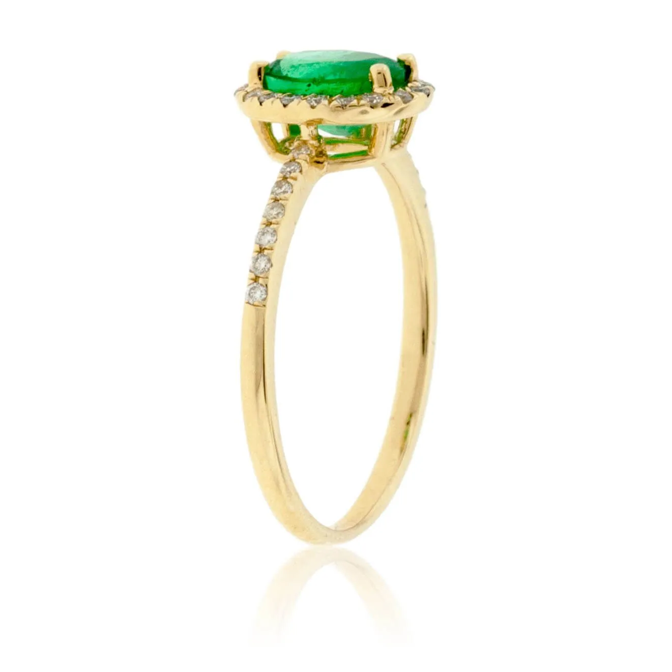 Oval Green Emerald & Diamond Halo Style Yellow Gold Ring