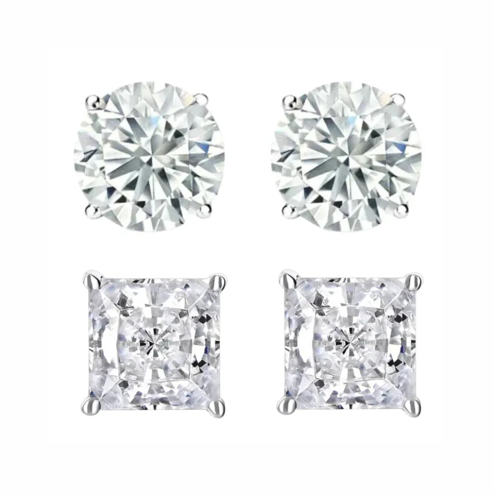 Paris Jewelry 14K White Solid Gold Created White Diamond 1/4Ct, 1/2Ct, 1Ct, 2Ct, 3CT Round and Princess Stud Earrings 2 Pairs for Men