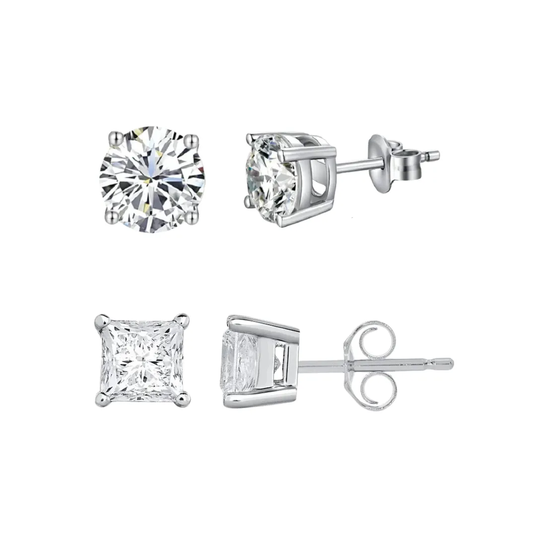 Paris Jewelry 14K White Solid Gold Created White Diamond 1/4Ct, 1/2Ct, 1Ct, 2Ct, 3CT Round and Princess Stud Earrings 2 Pairs for Men