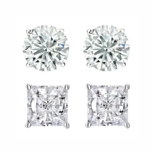 Paris Jewelry 14K White Solid Gold Created White Diamond 1/4Ct, 1/2Ct, 1Ct, 2Ct, 3CT Round and Princess Stud Earrings 2 Pairs for Men