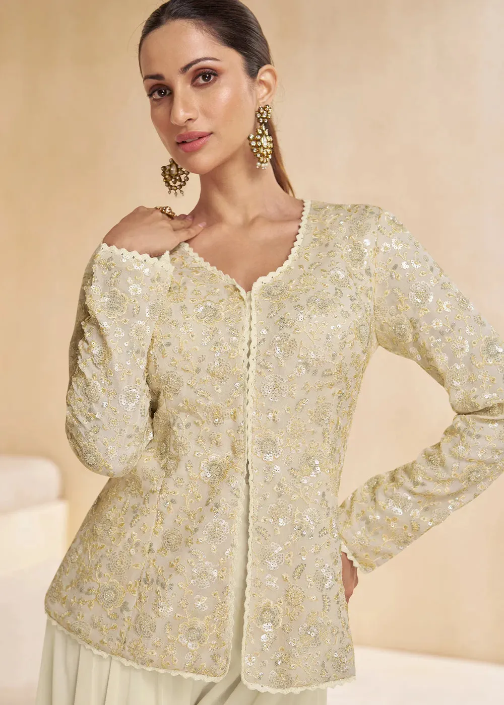 Pearl White Pure Georgette Floral Embroidered Top Palazzo Suit